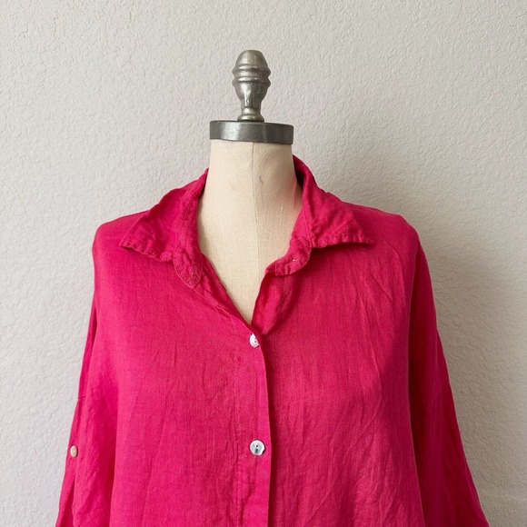 ITALY MADE 100% Linen Roll-Tab Sleeve Gauze Button-Up Shirt in Hot Pink - Picture 2 of 12